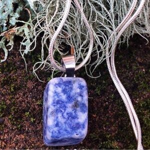 Calm Sodalite Stone Pendant Necklace 925 Plated Silver Chain.
